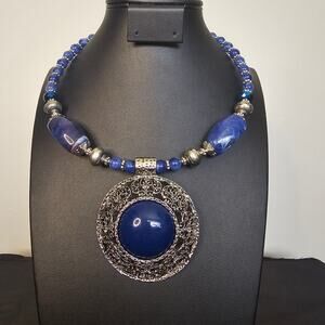 Statement Blue Beaded Necklace with Oversized Filigree Medallion Pendant – Boho